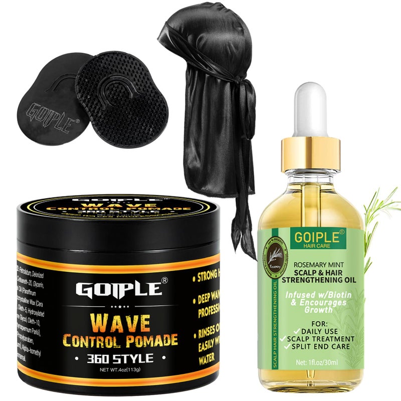 Natural Wave Pomade for Men Strong Hold Easy Wash 360 Wave Training Hair Cream Waves Grease for Men Promotes Layered Waves Moisture Control and Silky Shine with Rosemary Oil for Hair Growt Set